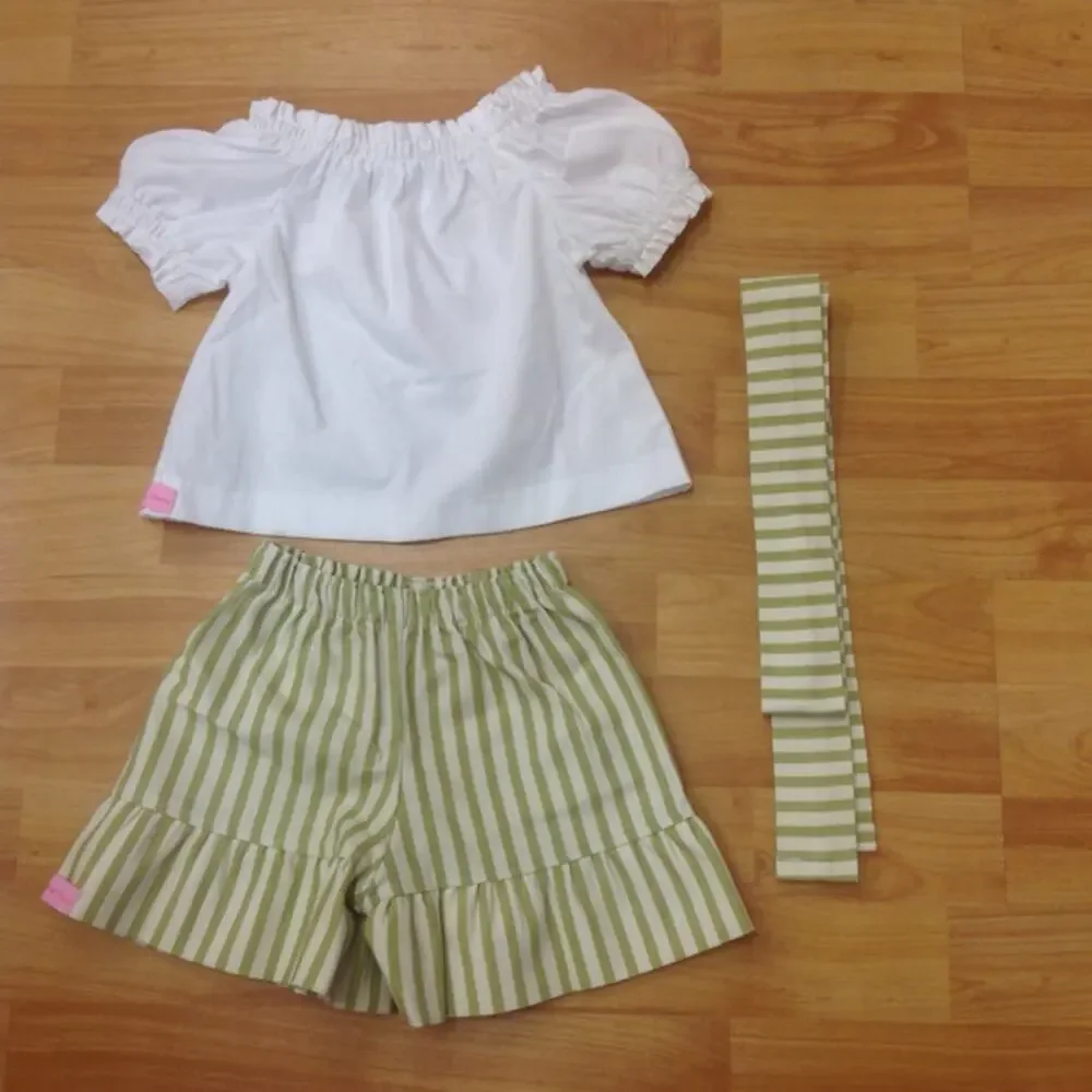 Hollywood Kids Girls Outfit Sz 12-18‎ Mo White Green Striped Shorts Top Belt